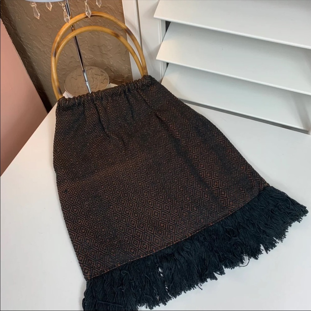 Bamboo handle-black fringe bag